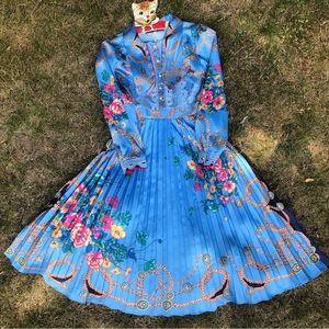 Dalia MacPhee Blue Chain Print Floral Long Sleeve Pleated Midi Dress
